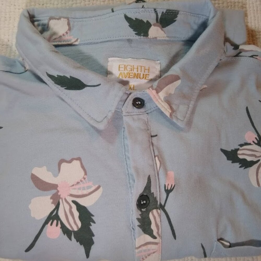 Eighth Avenue  XL  Men's 100% cotton button down  tropical print blue + white